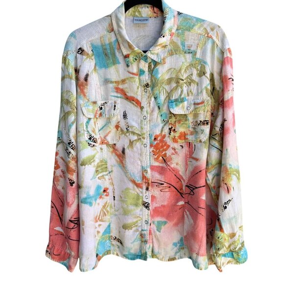 Chicos Vintage Womens Linen Pastel Floral Snap Button Long Sleeve Summer Shirt A - Picture 1 of 11
